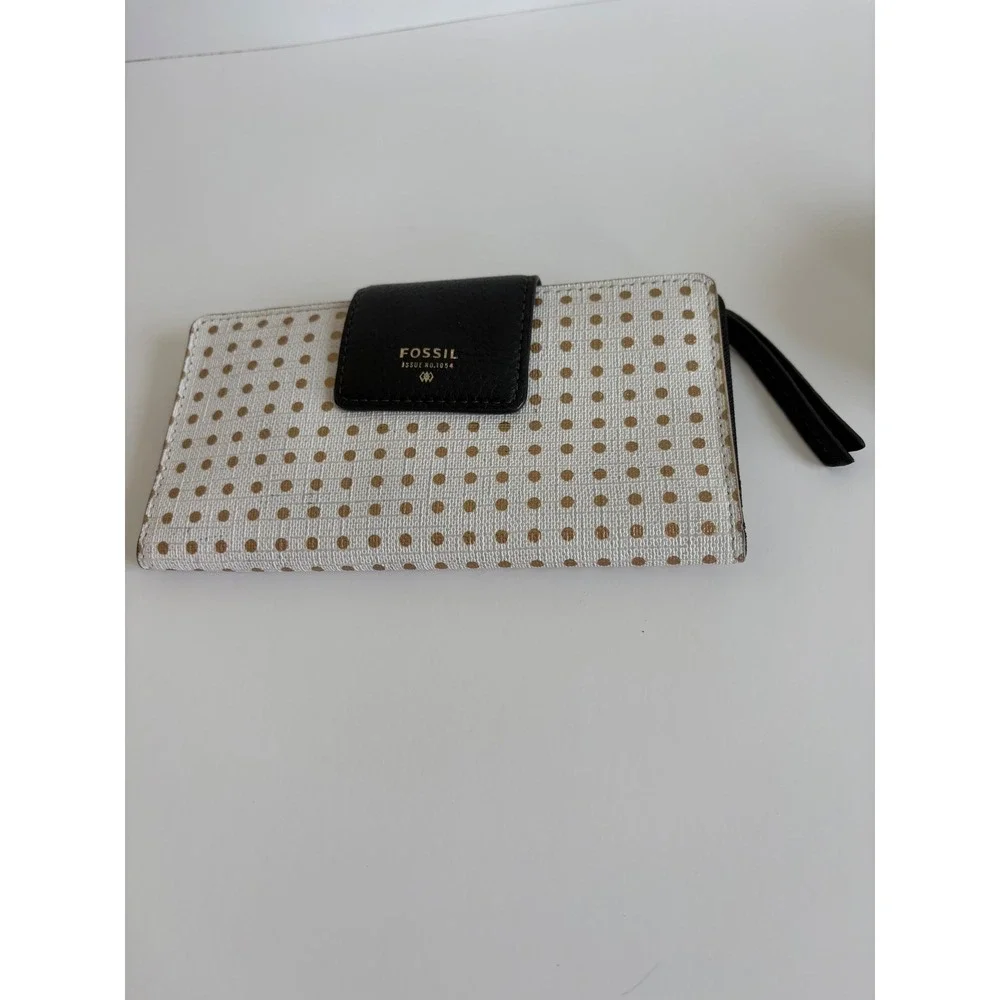 Fossil White Gold Polka‎ Dot Bifold Clutch Wallet Black Leather Snap Tab
